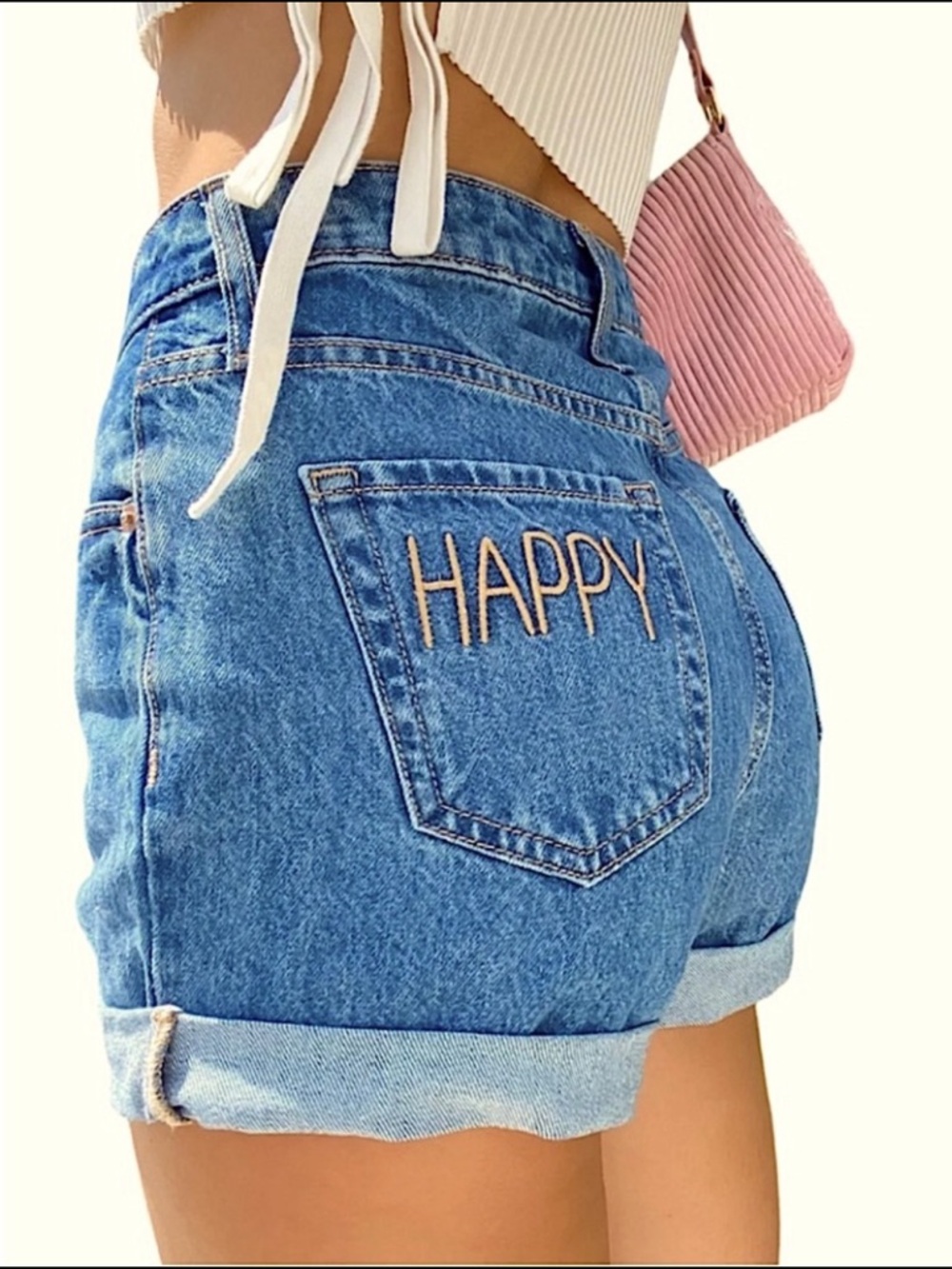 HAPPY Embroidered pocket Highest Rise Mom jean cuffed Shorts size 6/28 NWOT